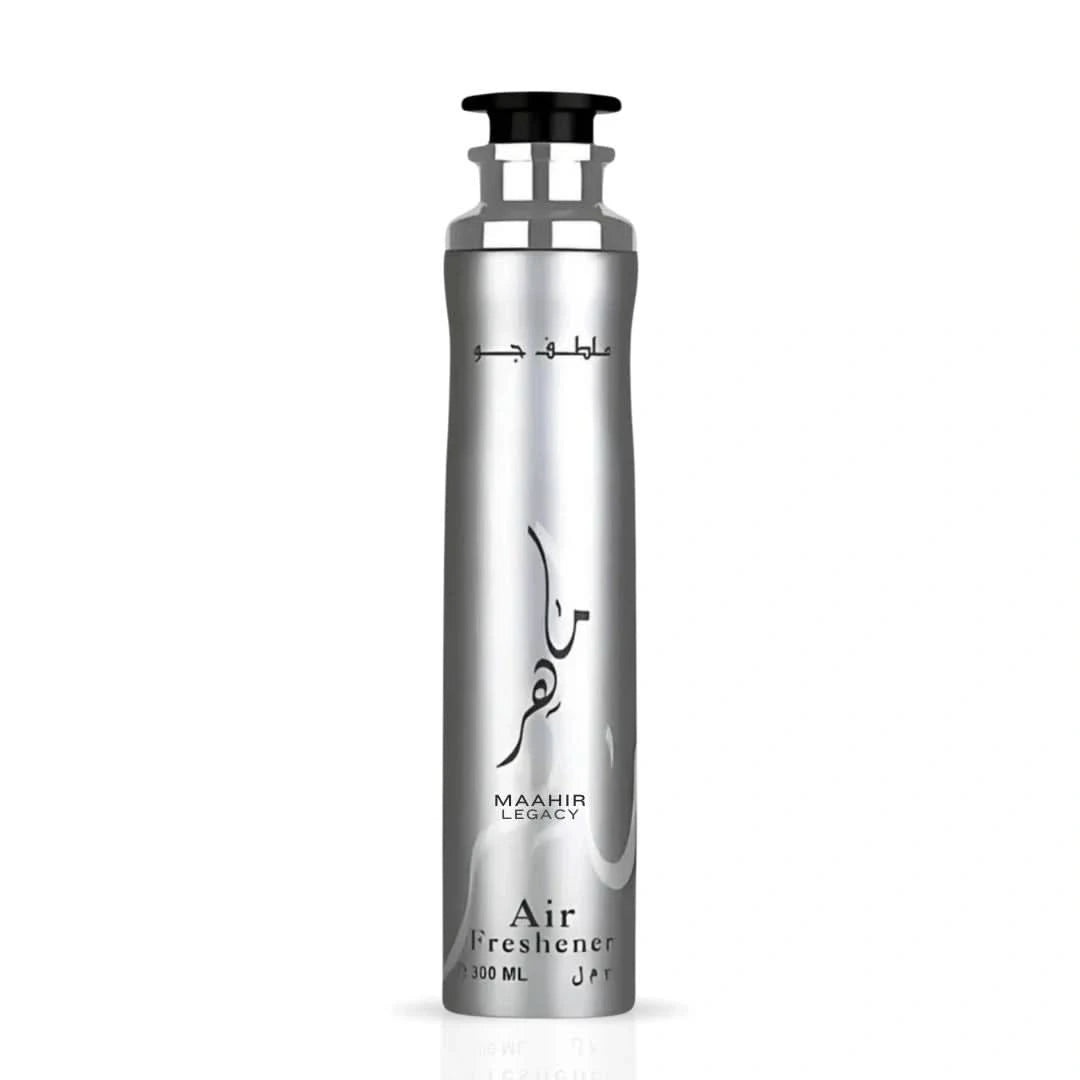 Lattafa Maahir Legacy Air Freshener 300ml bottle with a sleek design and vibrant label, ideal for freshening indoor spaces.