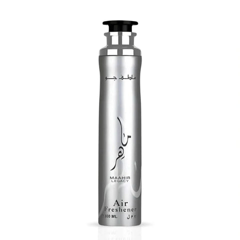 Lattafa Maahir Legacy Air Freshener 300ml bottle with a sleek design and vibrant label, ideal for freshening indoor spaces.