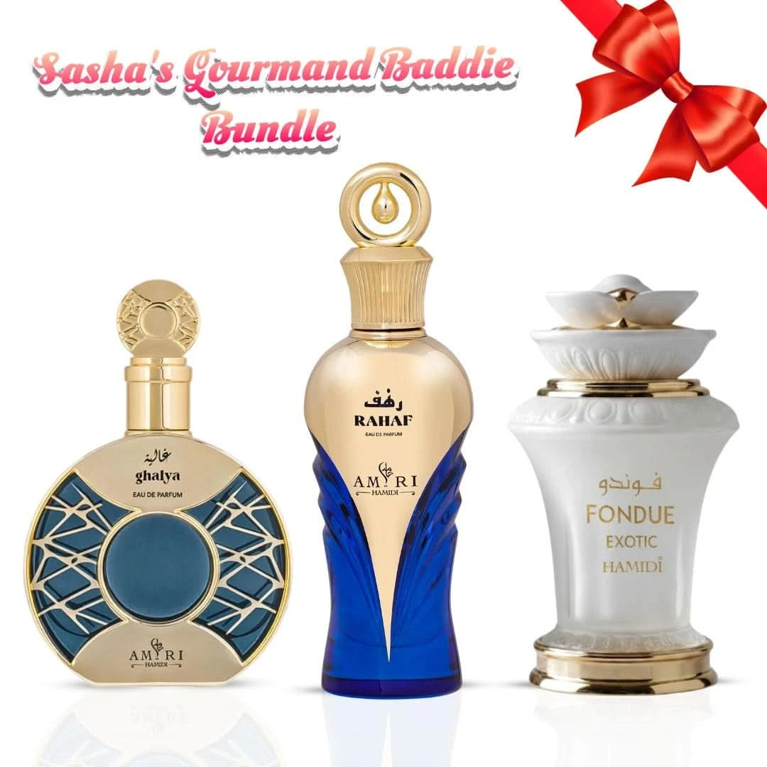 Hamidi Ghalya Amiri, Rahaf & Fondue Exotic Eau de Parfum bundle with three 100ml sprays, featuring elegant perfume bottles.