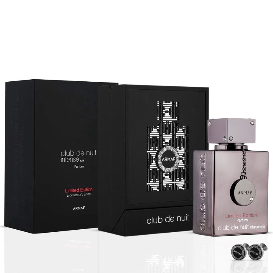 Armaf Club De Nuit Intense Man Limited Edition Pure Parfum Gift Box with 105ml EDP Extrait De Parfum bottle, sleek packaging visible.