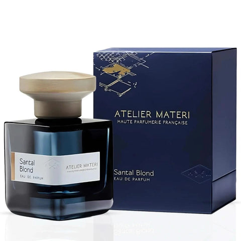 Santal Blond Eau de Parfum spray by Atelier Materi, 100ml bottle with elegant packaging, showcasing the luxurious fragrance.