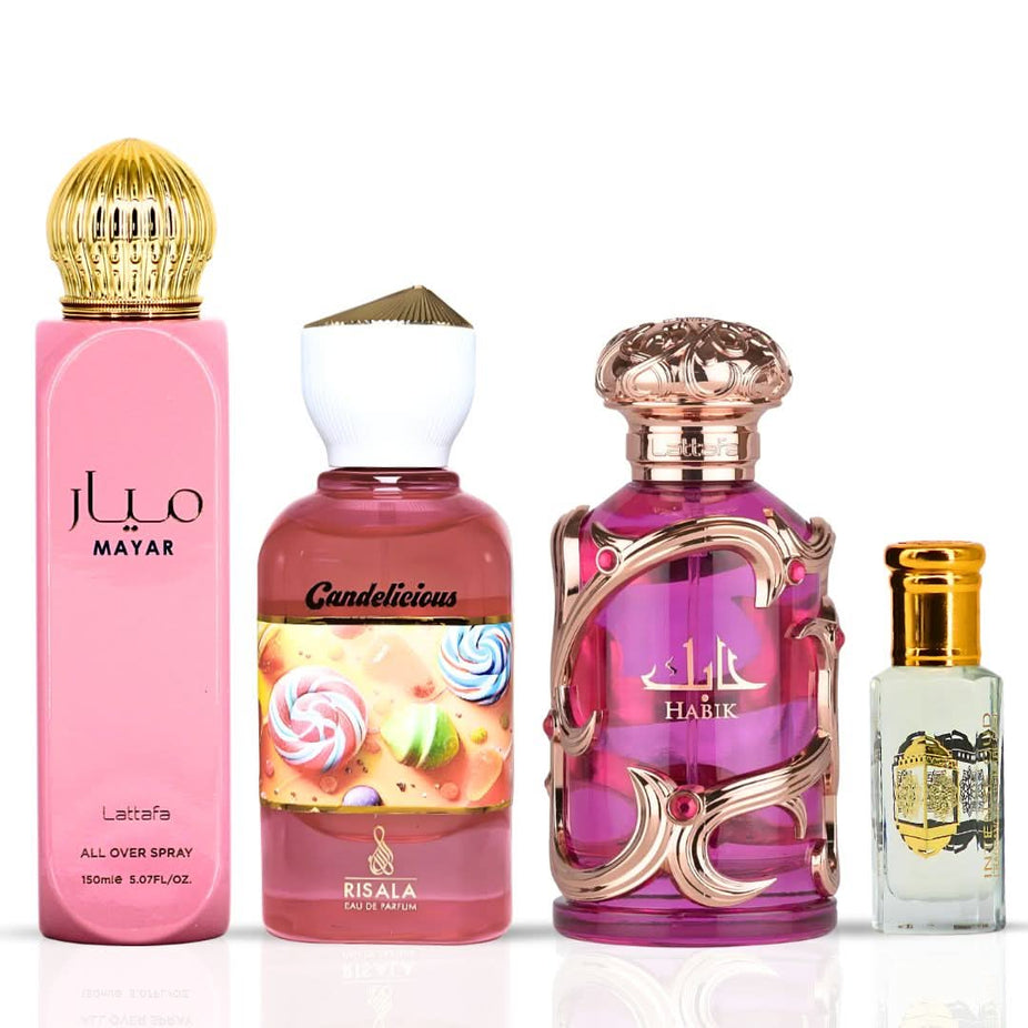 Lattafa perfume bundle including Mayar All Over Spray, Candelicious, Habik Women Eau de Parfum, and Twinkling Sun Oil.