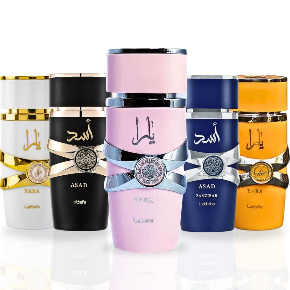 Yara, Yara Moi, Yara Tous, Asad & Asad Zanzibar Eau De Parfum sprays by Lattafa in 100ml bottles, featuring elegant fragrance bottles.