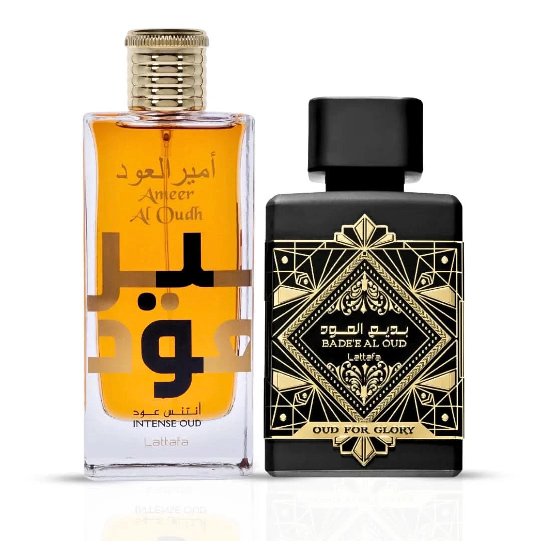 Lattafa Bade'e Al Oud & Ameer Al Oudh Intense Oud Eau de Parfum bundle bottles, 100ml each, with elegant packaging and branding.