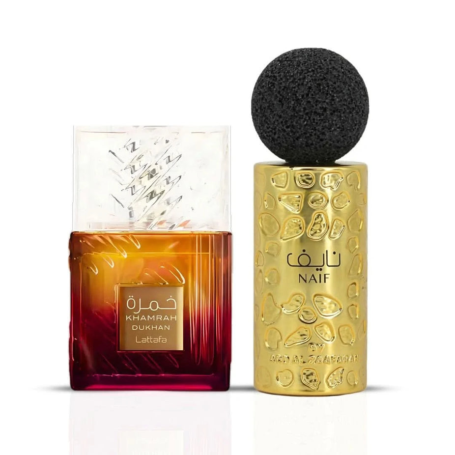 Lattafa Khamrah Dukhan and Ard Al Zaafaran Naif Eau de Parfum sprays, 100ml bundle with stylish bottle designs.