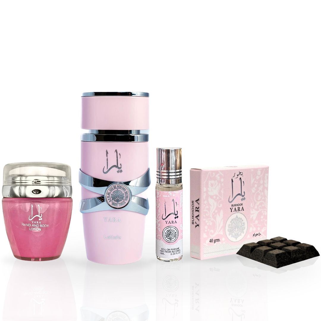 YARA Eau De Parfum Spray 100ML, Hand & Body Lotion 45ML, Roll-on Perfume Oil 10ML & Bakhoor 40gm - For Women by Lattafa. (YARA COLLECTION) - Intense Oud