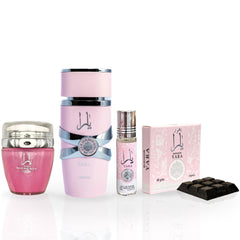 YARA Eau De Parfum Spray 100ML, Hand & Body Lotion 45ML, Roll-on Perfume Oil 10ML & Bakhoor 40gm - For Women by Lattafa. (YARA COLLECTION) - Intense Oud