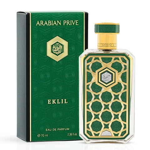 Arabian Prive Collection Eklil Eau de Parfum spray by Rasasi, 70ml, showcasing the elegant perfume bottle and packaging.