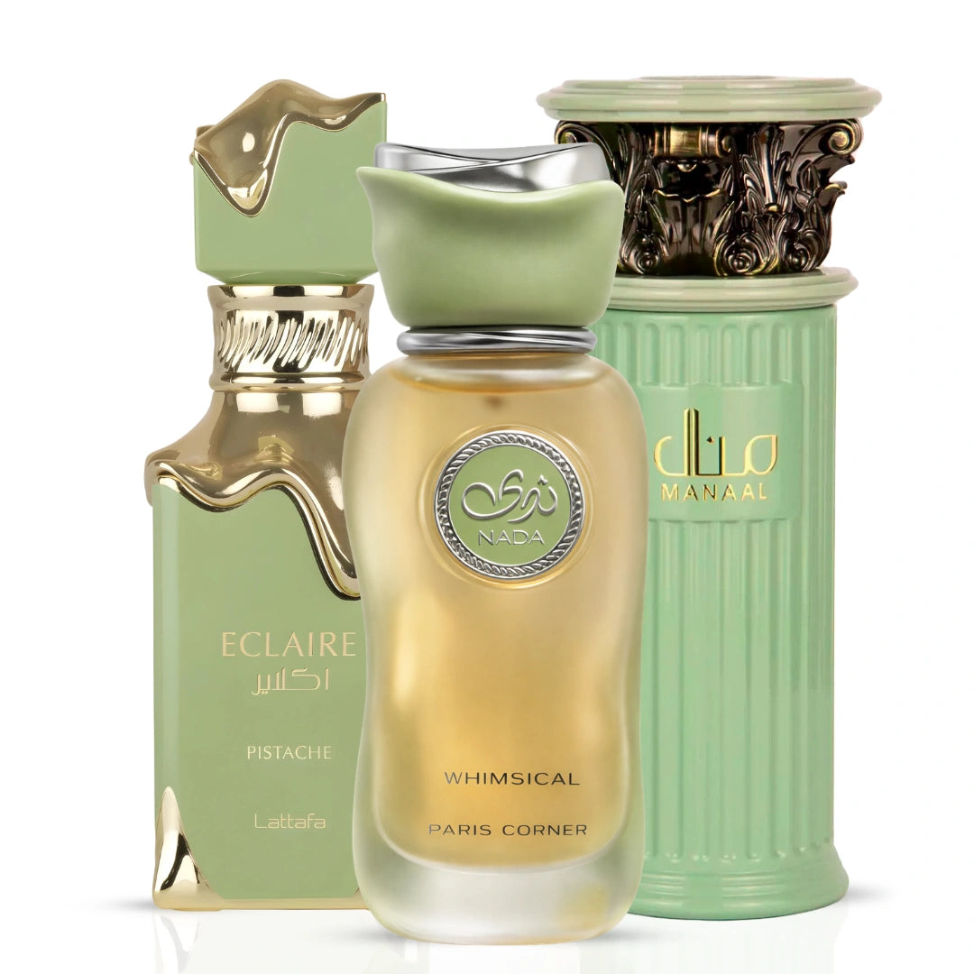 The Pompous Pistachio Bundle includes three Intense Oud perfumes: Lattafa Eclaire Pistache, Nada Whimsical, and Manaal Eau de Parfum sprays.
