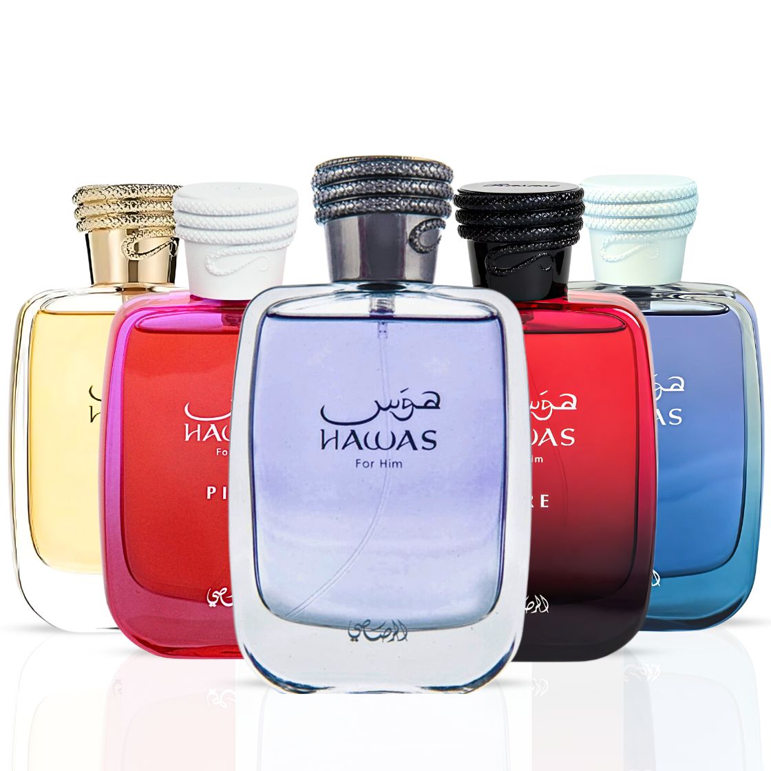 Hawas Men, Hawas Ice, Hawas Fire, Hawas Her & Hawas Pink Eau de Parfum Sprays 100ml by Rasasi | The Ultimate Hawas Collection (Bundle) - Intense Oud