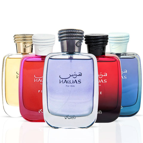 Hawas Men, Hawas Ice, Hawas Fire, Hawas Her & Hawas Pink Eau de Parfum Sprays 100ml by Rasasi | The Ultimate Hawas Collection (Bundle) - Intense Oud