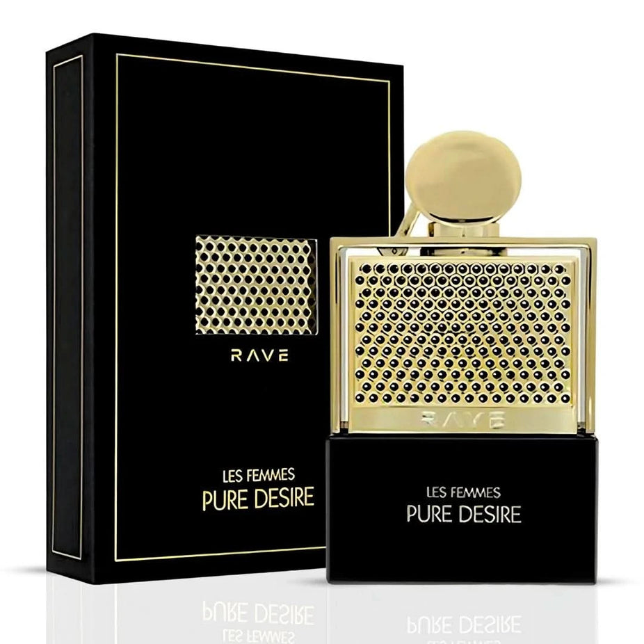 RAVE Pure Desire Gold Eau de Parfum spray 100ml bottle with elegant gold accents and clear glass design.