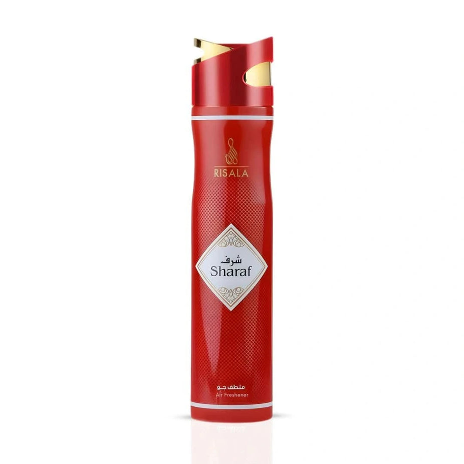 Risala Sharaf Air Freshener 300ml bottle with a sleek design, used to freshen indoor spaces with a pleasant scent.