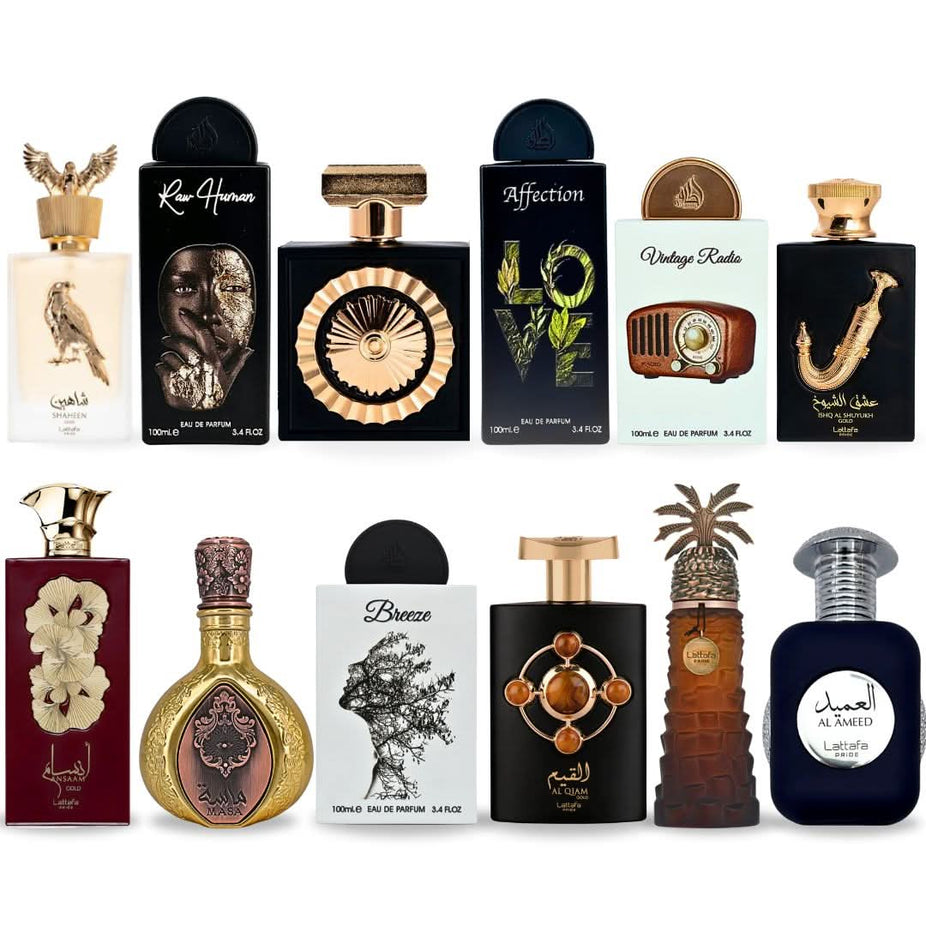 Lattafa Pride Collection Eau de Parfum sprays 100ml bottles, featuring elegant packaging and a variety of fragrances.