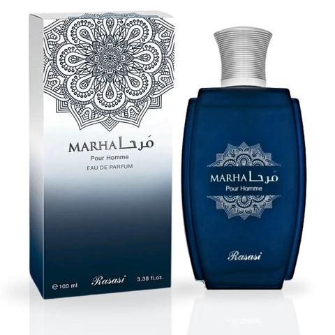 Rasasi Marha Pour Homme EDP spray 100ml with warm floral, long-lasting, masculine fragrance in a sleek bottle.