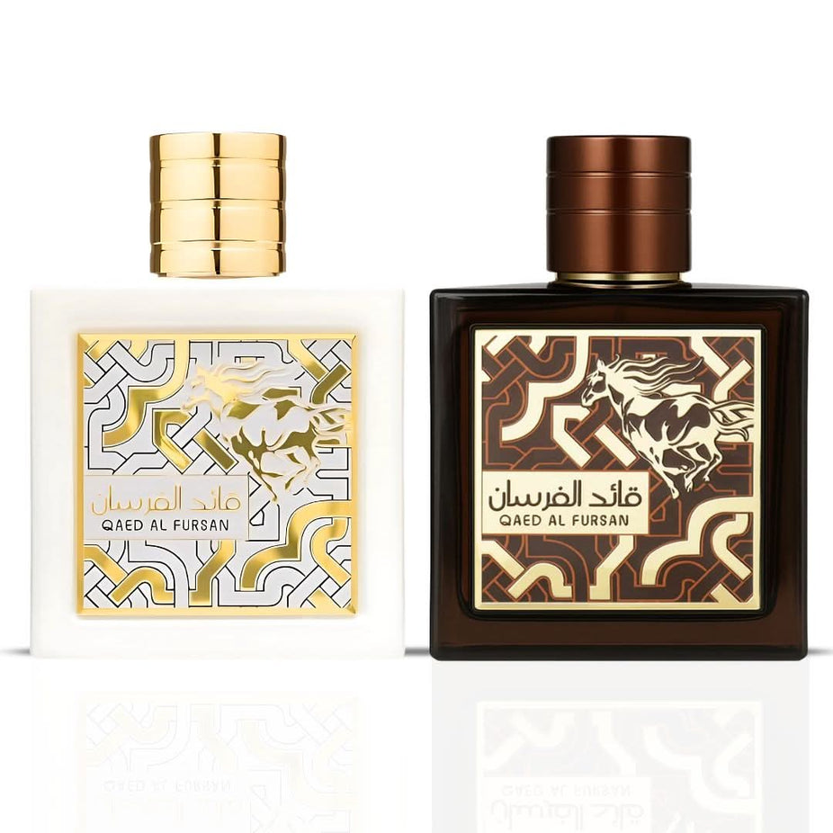 Lattafa Qaed Al Fursan Unlimited & Untamed Eau de Parfum 90ml bundle bottles with sleek packaging and spray nozzles.