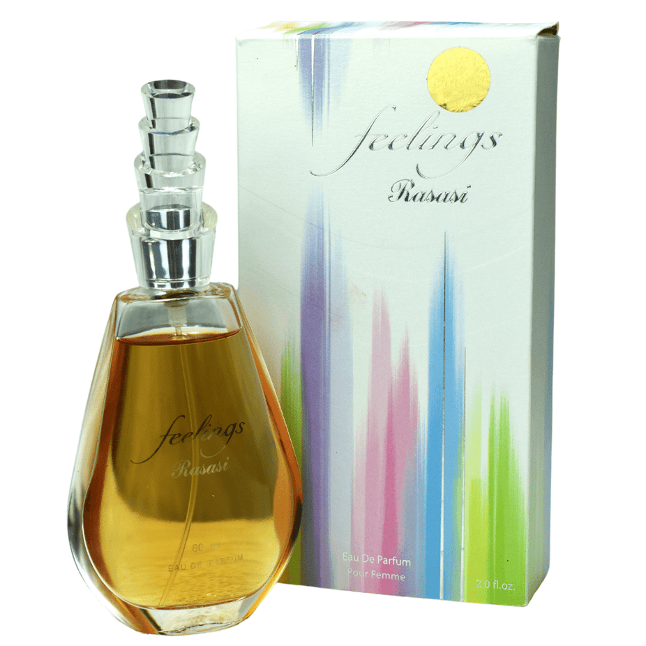 Rasasi Feelings for Women Eau De Parfum bottle, 60 ML, elegant design with floral and fruity notes visible on the packaging