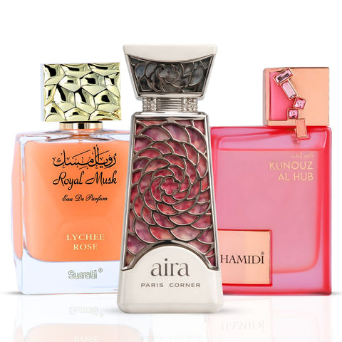 The Lychee Love Bundle - Aira Eau De Parfum Spray 100ml (3.4 oz) By Paris Corner & Royal Musk Lychee Rose Eau de Parfum Spray 100ml (3.4 oz) by Surrati & Kunouz Al Hub Eau de Parfum Spray 100ml (3.4 oz) by Hamidi