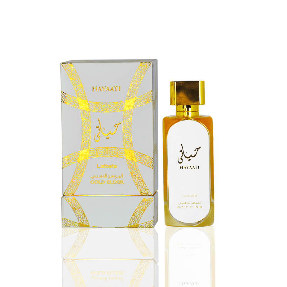 Lattafa Hayaati Gold Elixir for Women EDP bottle, 100ML, with elegant gold packaging and floral fragrance design