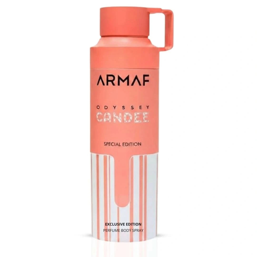 Odyssey Candee deodorant spray by Armaf in 200ml bottle, featuring sleek design and spray nozzle, for freshening up.