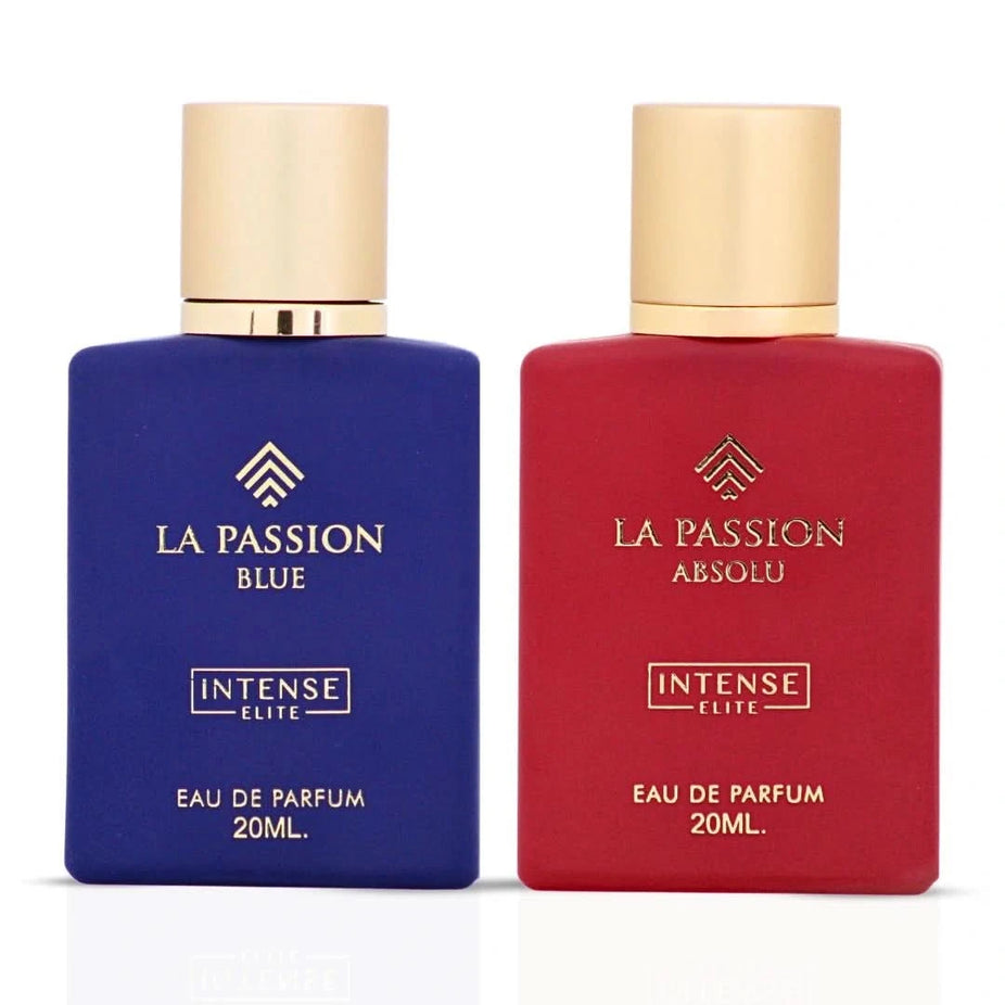 Bundle of two 20ml La Passion Blue and La Passion Absolu Eau de Parfum sprays by Intense Elite, featuring elegant perfume bottles.