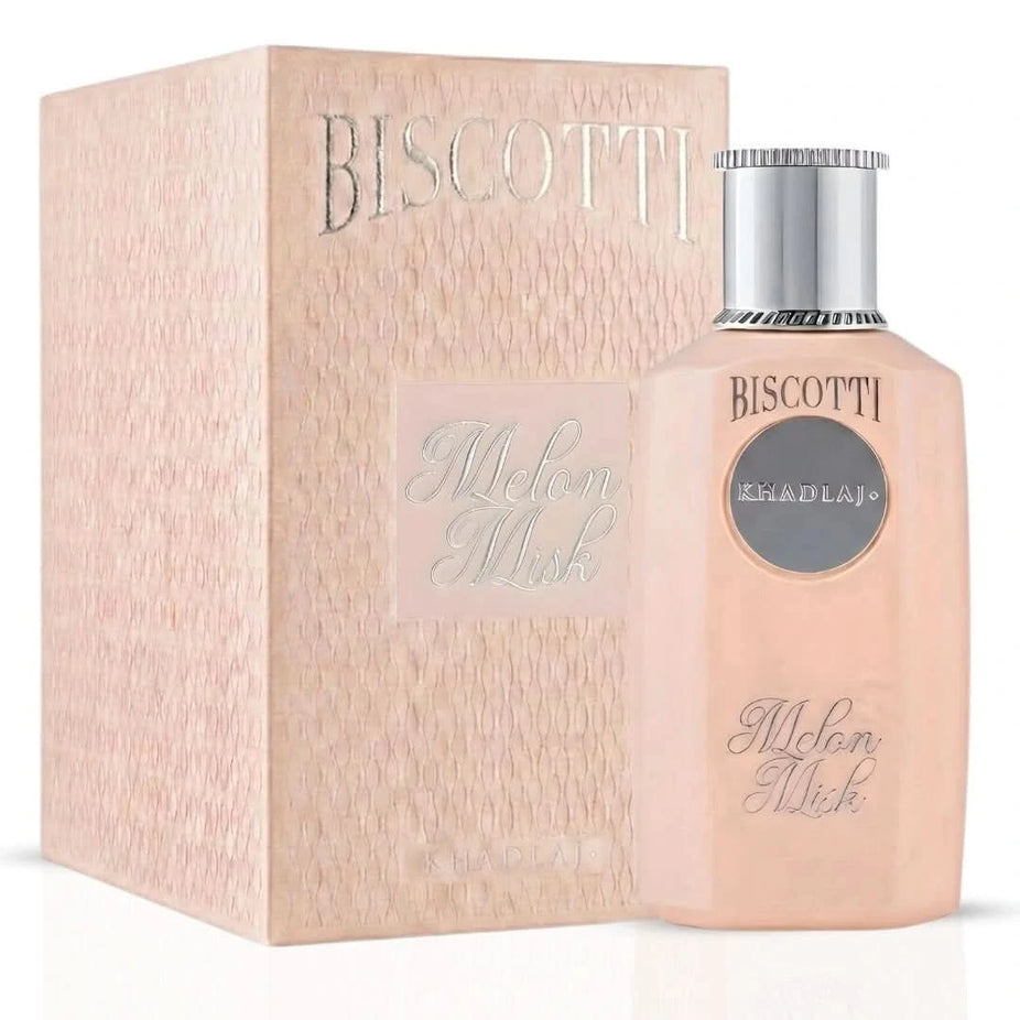 Khadlaj Biscotti Melon Misk Eau de Parfum Spray 100ml bottle with floral and fruity design, showcasing the elegant perfume packaging.