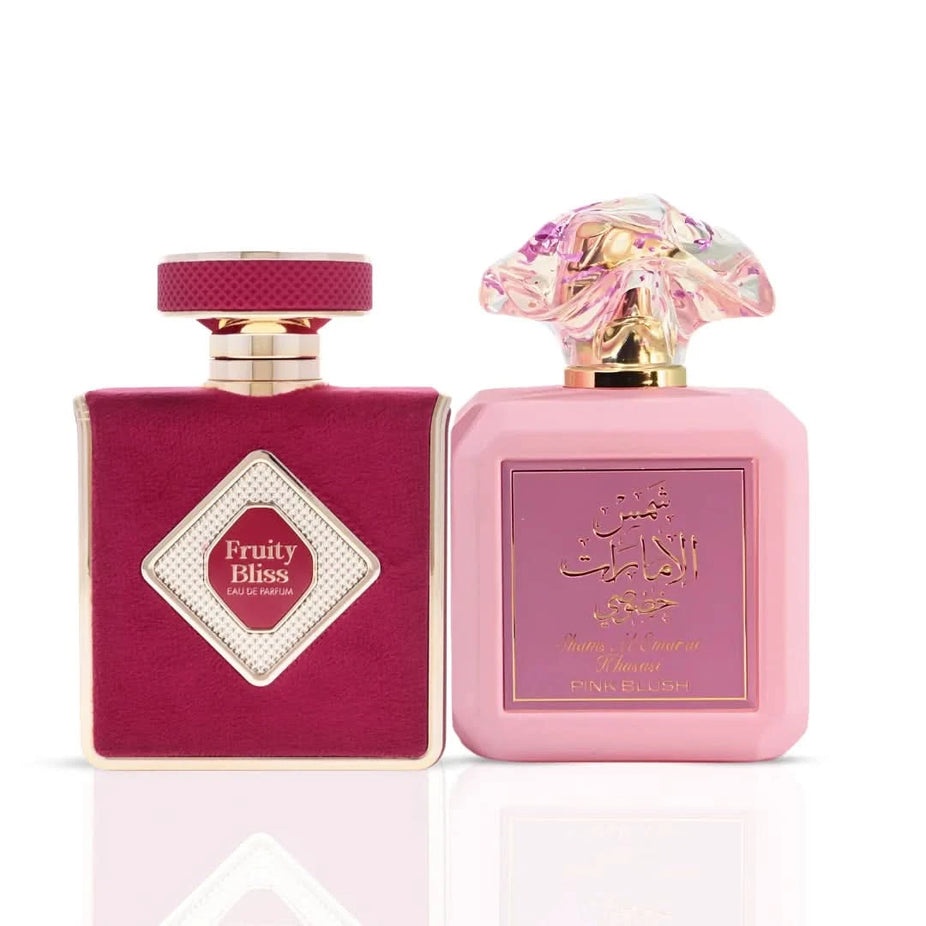 Bundle of Intense Oud Fruity Bliss and Pink Blush Shams Al Emarat 100ml Eau de Parfum sprays by Elite Risala and Ard Al Zaafaran.