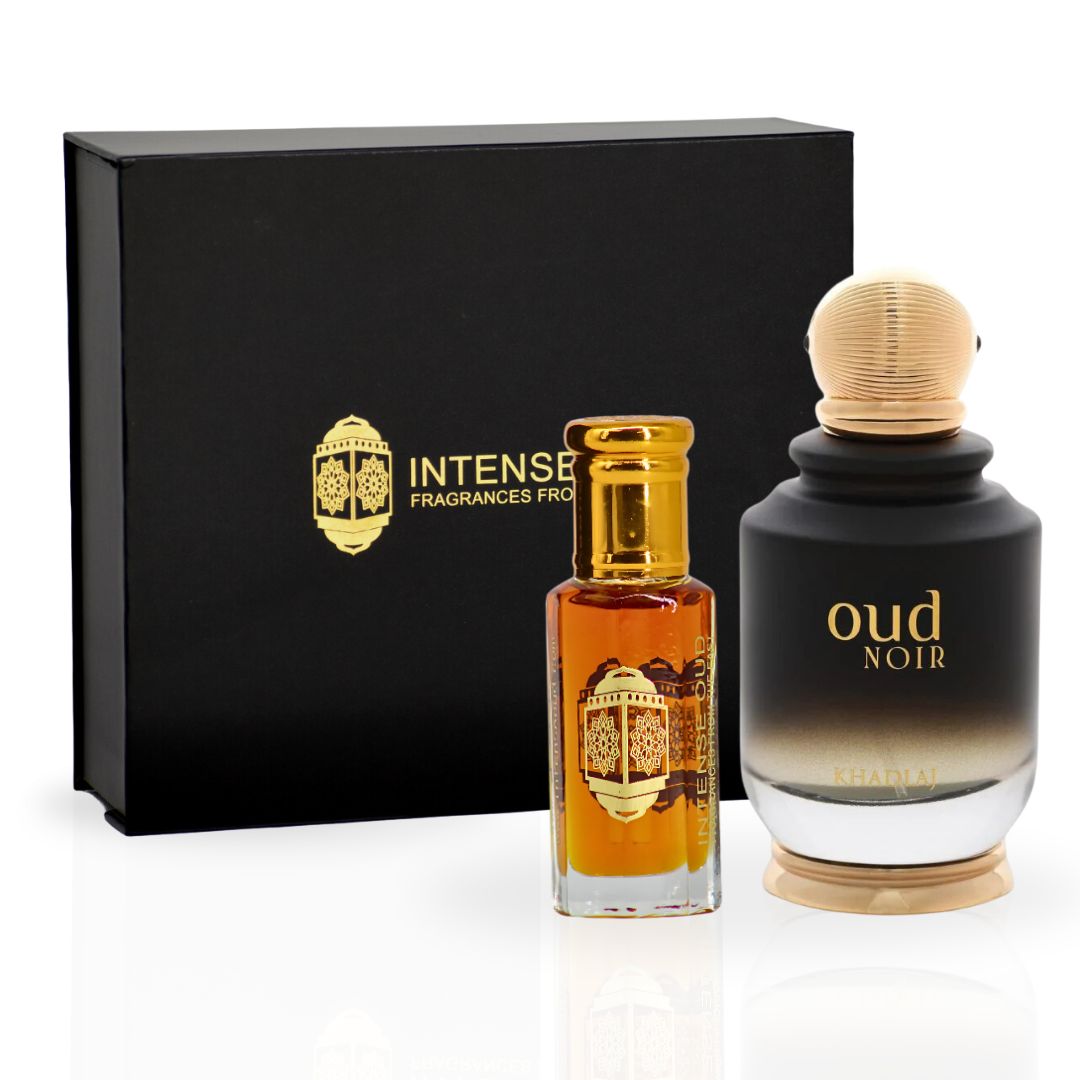 Oud Noir EDP Spray 100ML (3.4OZ) By Khadlaj & Nouf Perfume Oil 12ML (0.4 OZ) By Intense Oud With Magnetic Gift Box | Exude Sophistication With Every Spray. - Intense Oud