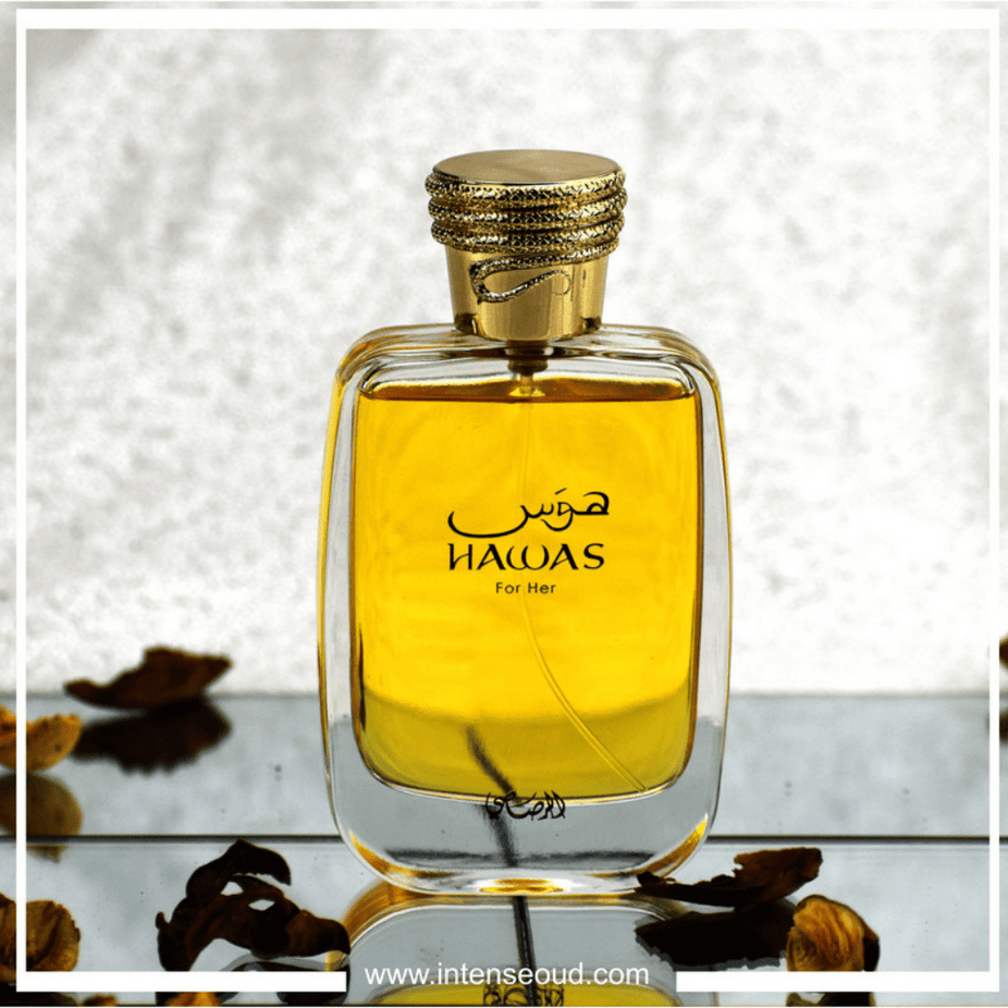 Rasasii Hawas for Her Eau de Parfum spray 100ml bottle, elegant design with floral and fruity notes visible on the packaging
