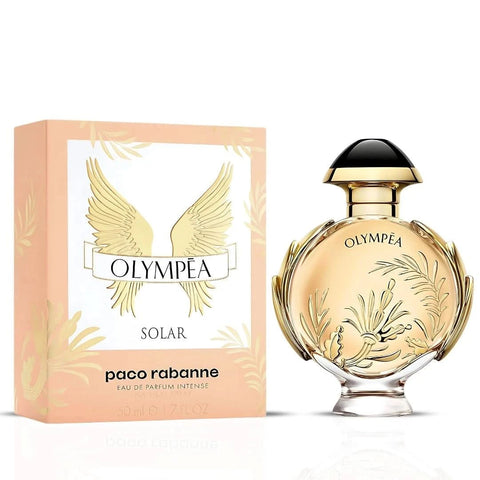 Paco Rabanne Olympea Solar Eau De Parfum Intense spray bottle, 50ml, with elegant packaging and floral fragrance design
