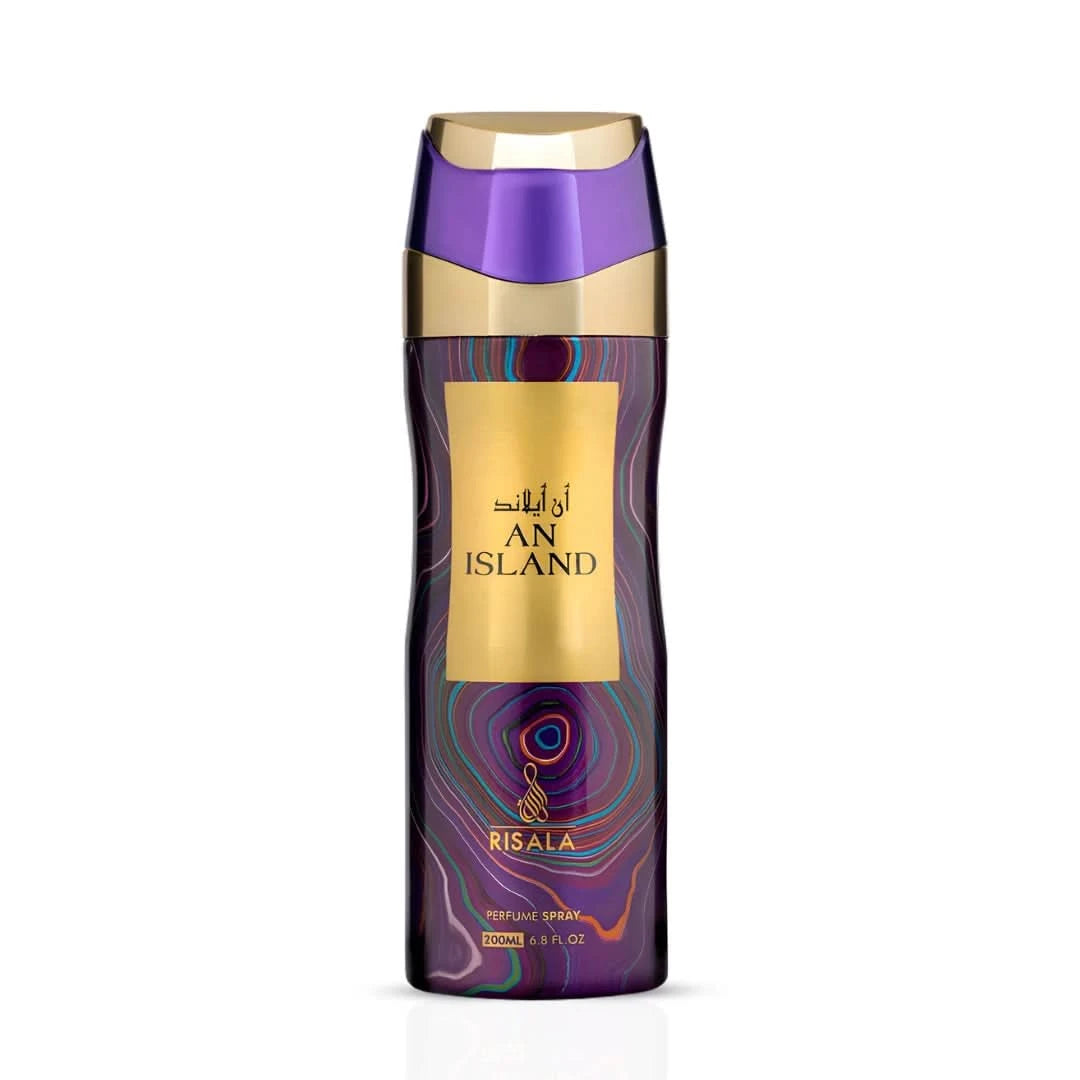 RISALA Island Perfumed Body Spray 200ml deodorant bottle with tropical-inspired design and vibrant colors.