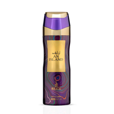 RISALA Island Perfumed Body Spray 200ml deodorant bottle with tropical-inspired design and vibrant colors.