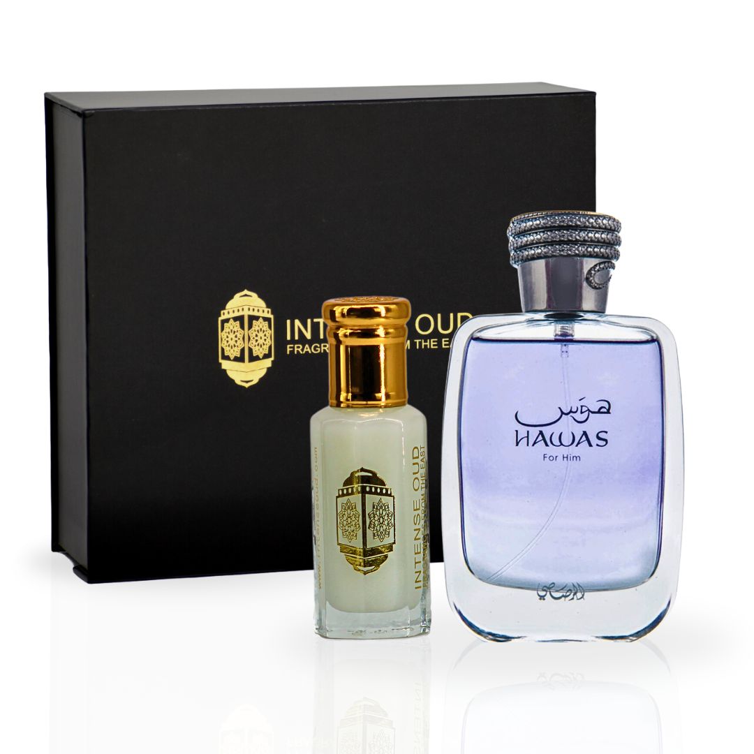Hawas for Men EDP Spray 100ML (3.4 OZ) & Musk Tahara Perfume Oil 12ML (0.4 OZ) With Magnetic Gift Box | Unleash Confidence With Every Spray. - Intense Oud