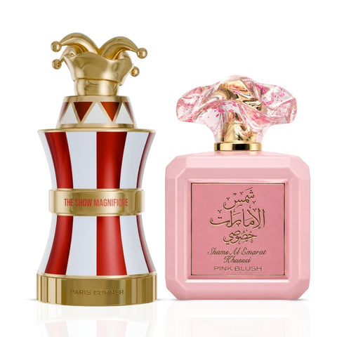 The Show Magnifique by Paris Corner & Pink Blush Shams Al Emarat Khususi by Ard Al Zaafaran Eau de Parfum Sprays 100ml (3.4 oz) (Bundle)