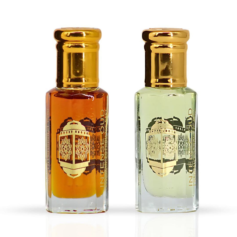 Intense Oud Nouf & Dark Amber perfume oils bundle in 12ml bottles with black gift box, featuring luxurious fragrance packaging.