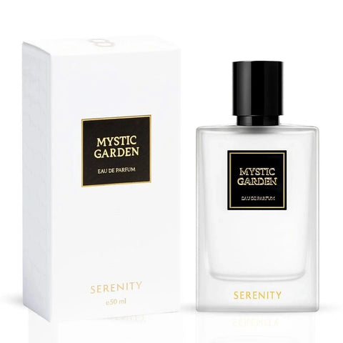 Serenity Mystic Garden Eau de Parfum Spray 50ml bottle with floral and herbal design, elegant fragrance packaging.