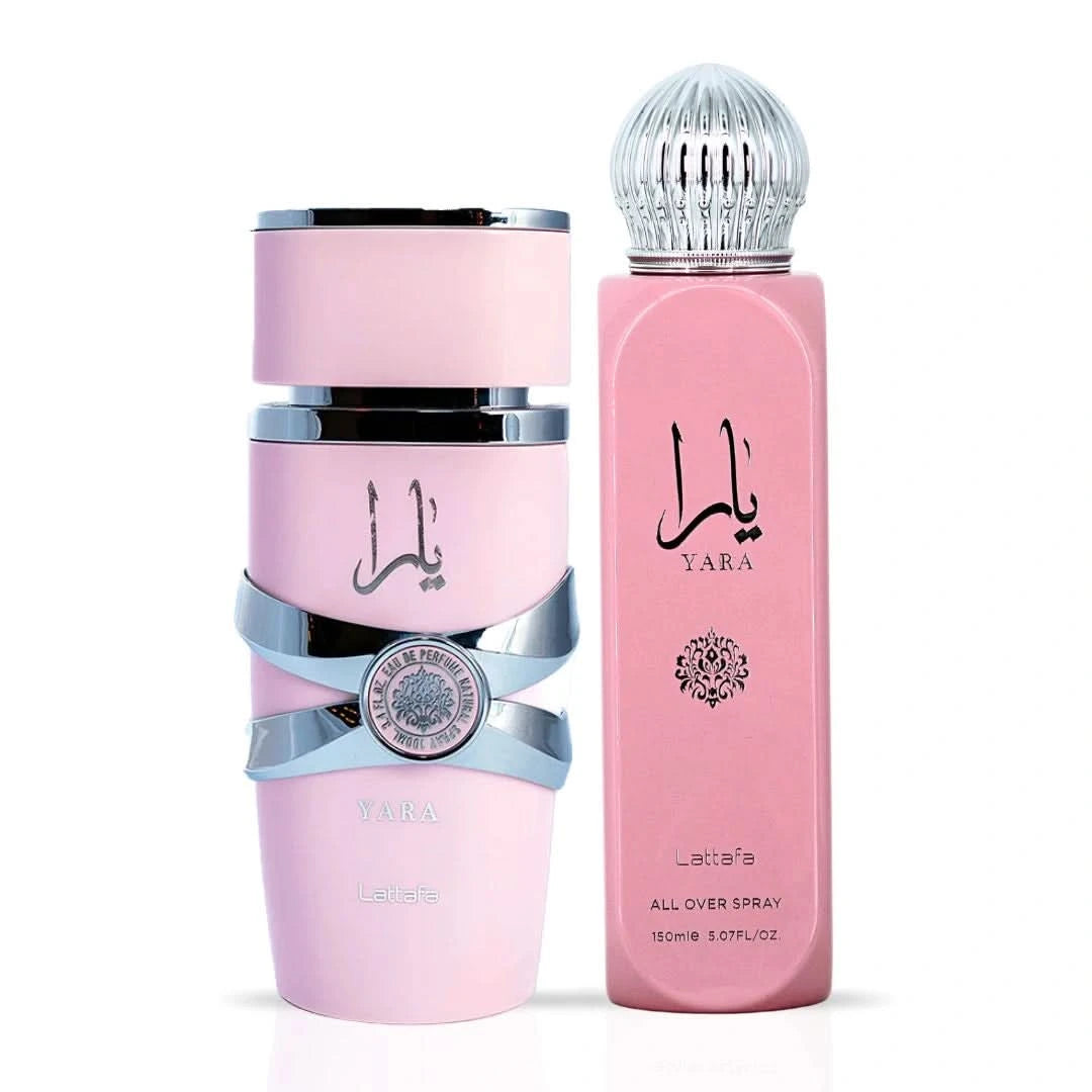 Lattafa Yara Eau de Parfum Spray 100ml and All Over Spray 150ml bundle, featuring elegant bottles and fragrance packaging.