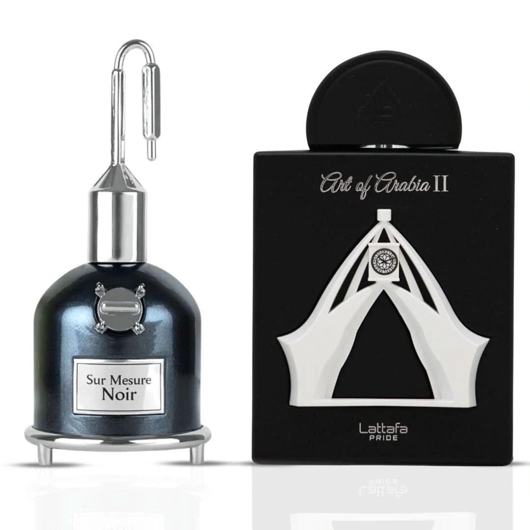 Lattafa Sur Mesure Noir and Art Of Arabia II Eau de Parfum sprays in 100ml bundle, featuring sleek bottles with elegant designs