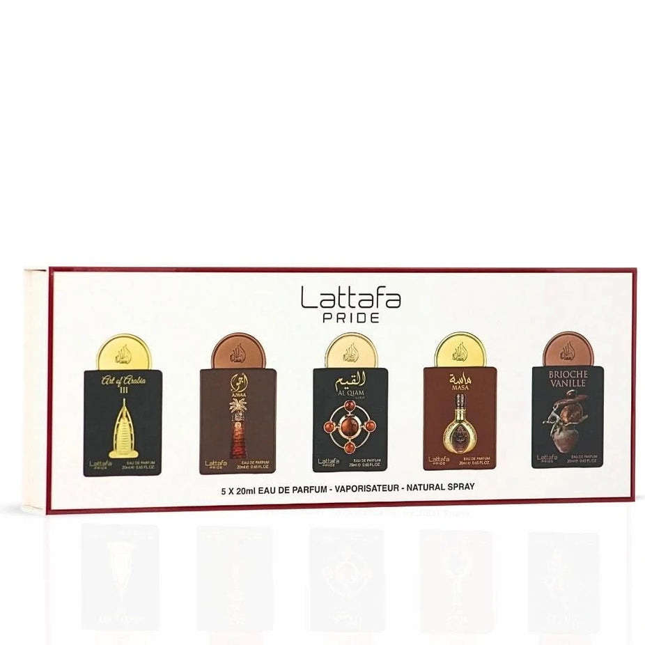 Lattafa Pride Eau de Parfum gift set with five 20ml bottles in collection No.4, featuring elegant fragrance bottles displayed.