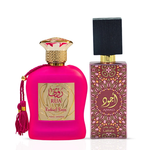 Bundle of Intense Oud Rua Radiant Roses Eau de Parfum 100ml and Pink to Pink EDP 60ml by Lattafa, featuring elegant perfume bottles.