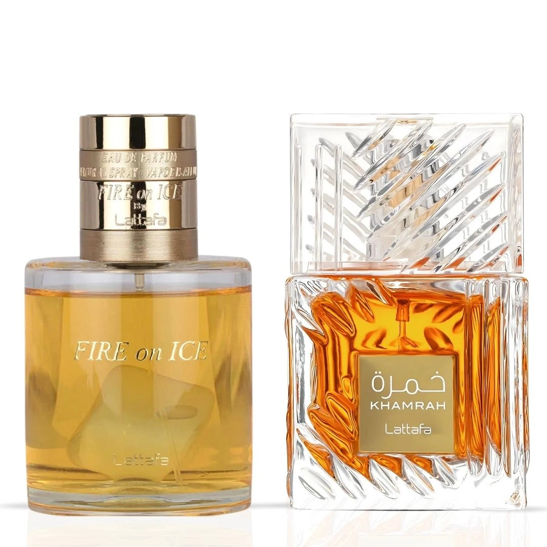 Fire On Ice 110ml & Khamrah 100ml - Eau de Parfum Sprays by Lattafa | A Bold Fusion of Warmth & Spice (Bundle) - Intense Oud