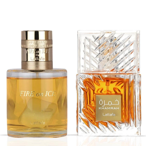 Fire On Ice 110ml & Khamrah 100ml - Eau de Parfum Sprays by Lattafa | A Bold Fusion of Warmth & Spice (Bundle) - Intense Oud