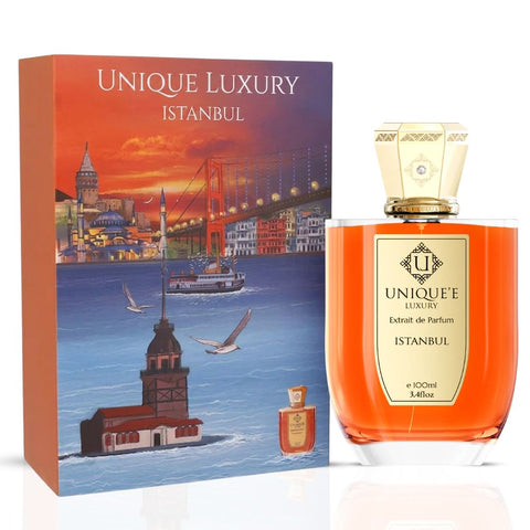 Istanbul Extrait de Parfum by Unique'e Luxury, 100ml EDP bottle with elegant packaging, showcasing luxury fragrance design