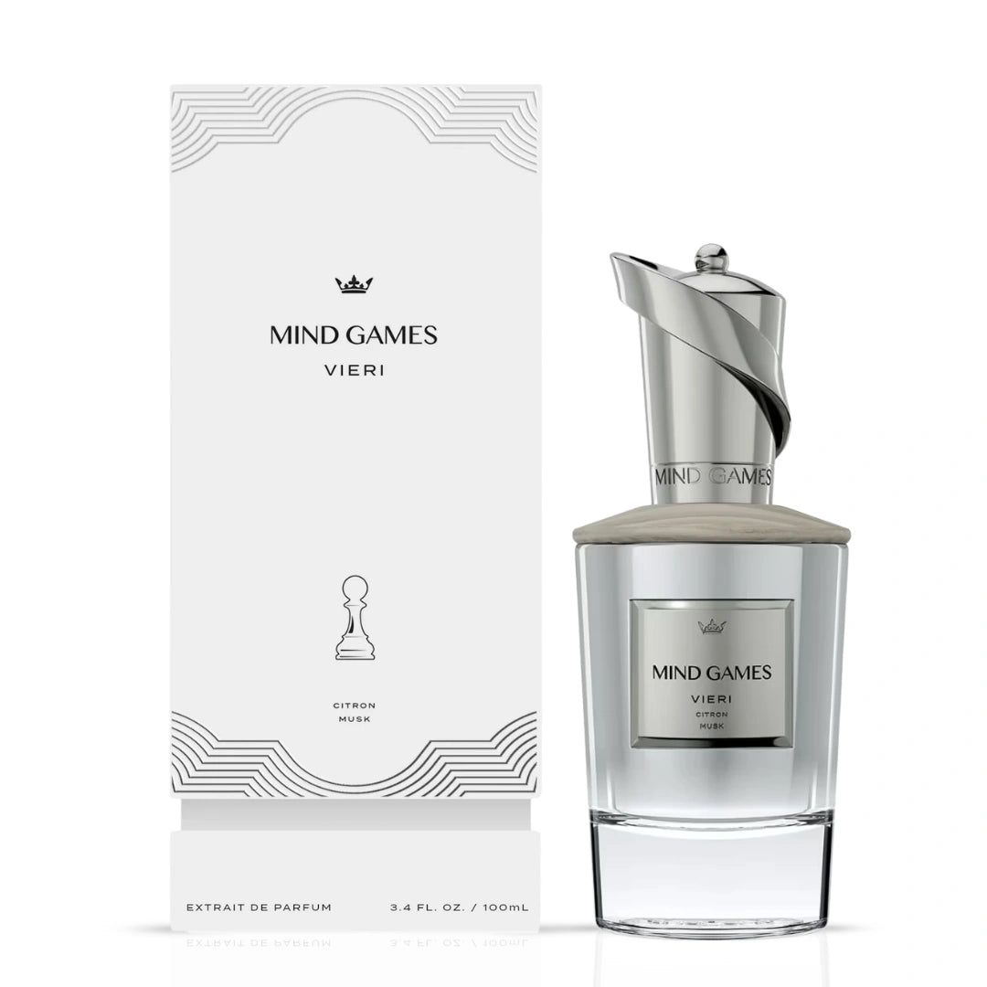 Vieri Extrait de Parfum 100ml by Mind Games, elegant glass bottle of EDP perfume with gold accents and minimalist design.