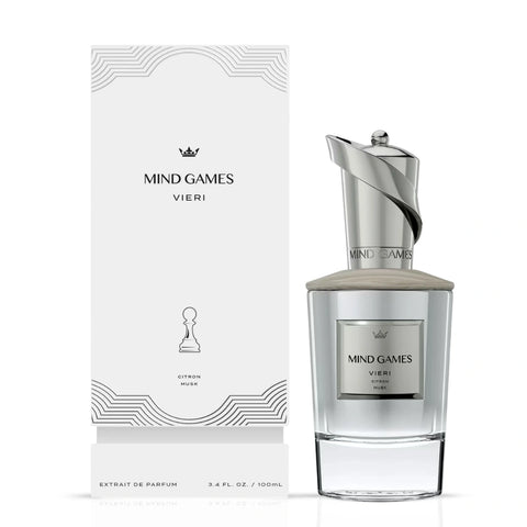Vieri Extrait de Parfum 100ml by Mind Games, elegant glass bottle of EDP perfume with gold accents and minimalist design.