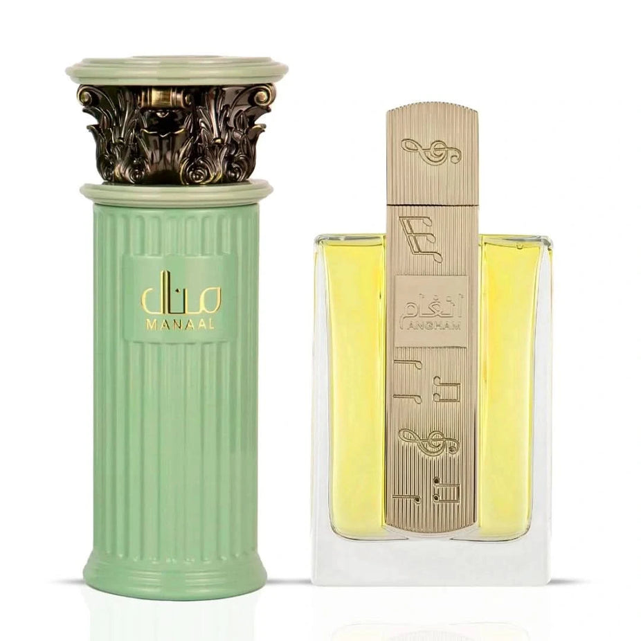 Bundle of Manaal by Ard Al Zaafaran and Angham by Lattafa eau de parfum sprays, 100ml bottles, elegant fragrance packaging