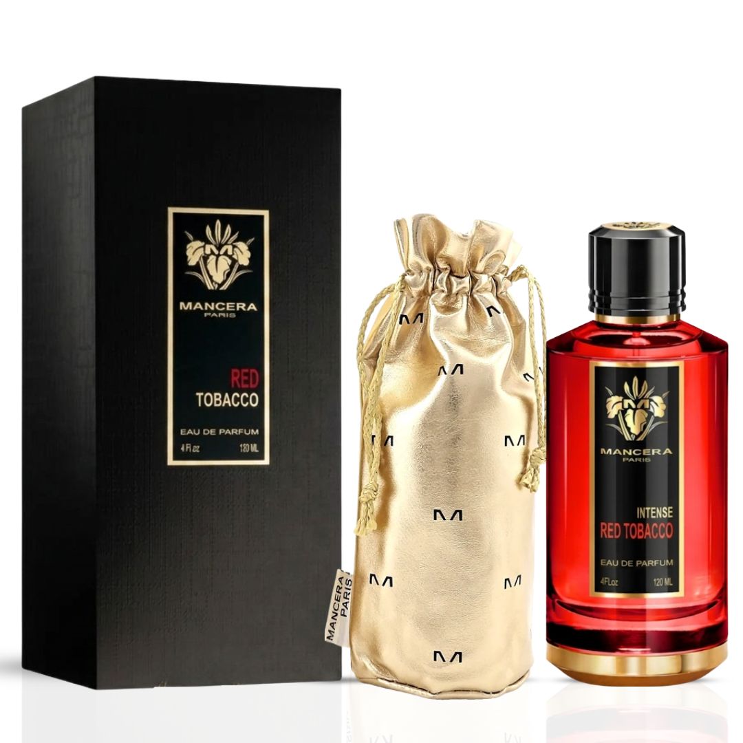 Red Tobacco Eau de Parfum spray by Mancera, featuring a sleek bottle with deep red liquid, 120ml size, elegant fragrance design.