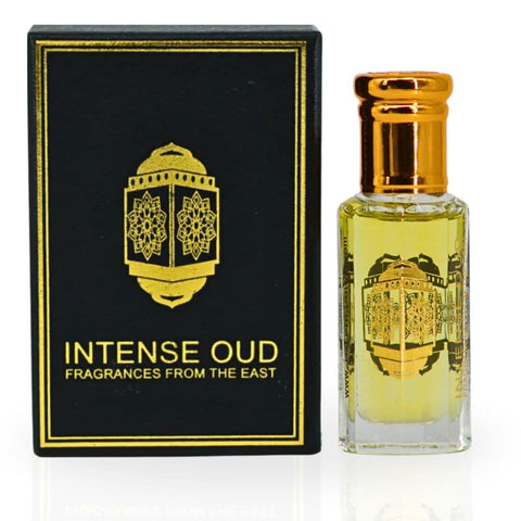 Intense Oud Casual Hangout perfume oil 12ml in a black gift box, featuring a clear glass bottle with a black cap and elegant branding.