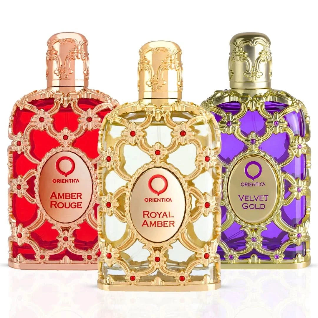 Orientica Amber Rouge, Velvet Gold, and Royal Amber Eau de Parfum bundle with three 80ml spray bottles arranged together.