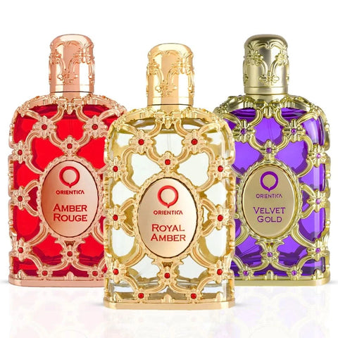 Orientica Amber Rouge, Velvet Gold, and Royal Amber Eau de Parfum bundle with three 80ml spray bottles arranged together.
